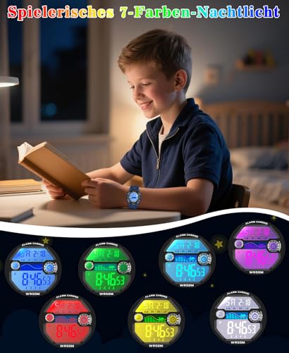 Thumbnail 5 de SOCICO Kinder Digitaluhr – wasserdicht bis 50 m, 7-Farben Nachtlicht, Stoppuhr & Alarm