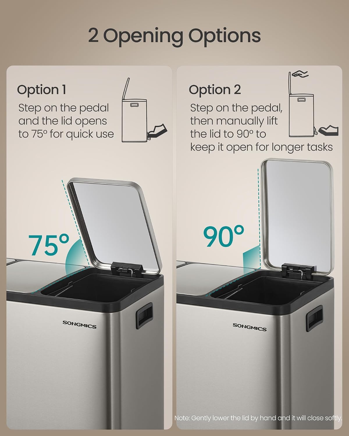 Detalle de SONGMICS 3 x 4.8 Gallon Kitchen Bin (3 x 18 L) with 2 Compartments – LTB254EZ01