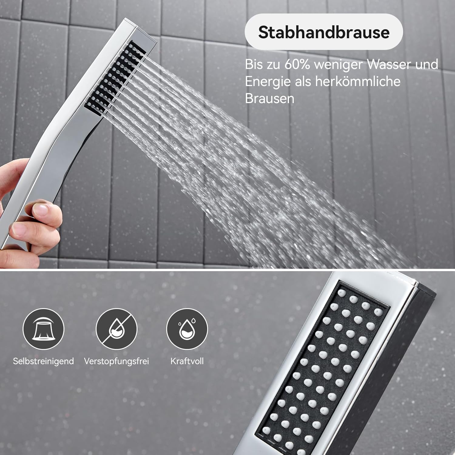 Thumbnail 4 de Auralum Regendusche ohne Armatur – eckiges Duschsystem aus Edelstahl mit 20×20 cm Regenduschkopf, Handbrause & höhenverstellbarer Stange
