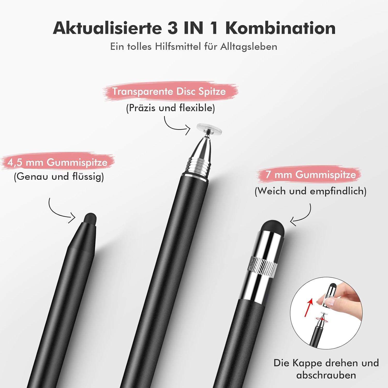 Detalle de MEKO Tablet Stift 2er Pack – 3 in 1 Touchscreen-Stylus mit Gummi- und Disc-Spitze
