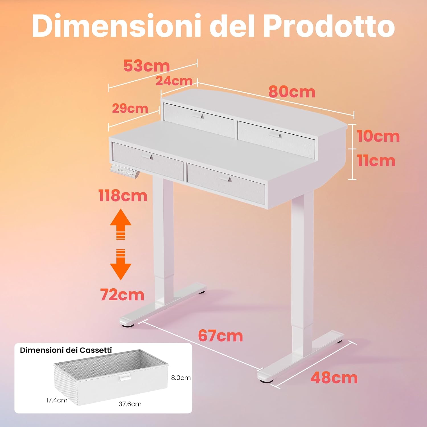 Detalle de HUANUO Scrivania Piccola 80 x 53 cm con Cassetti: altezza regolabile e supporto a morsetto a C