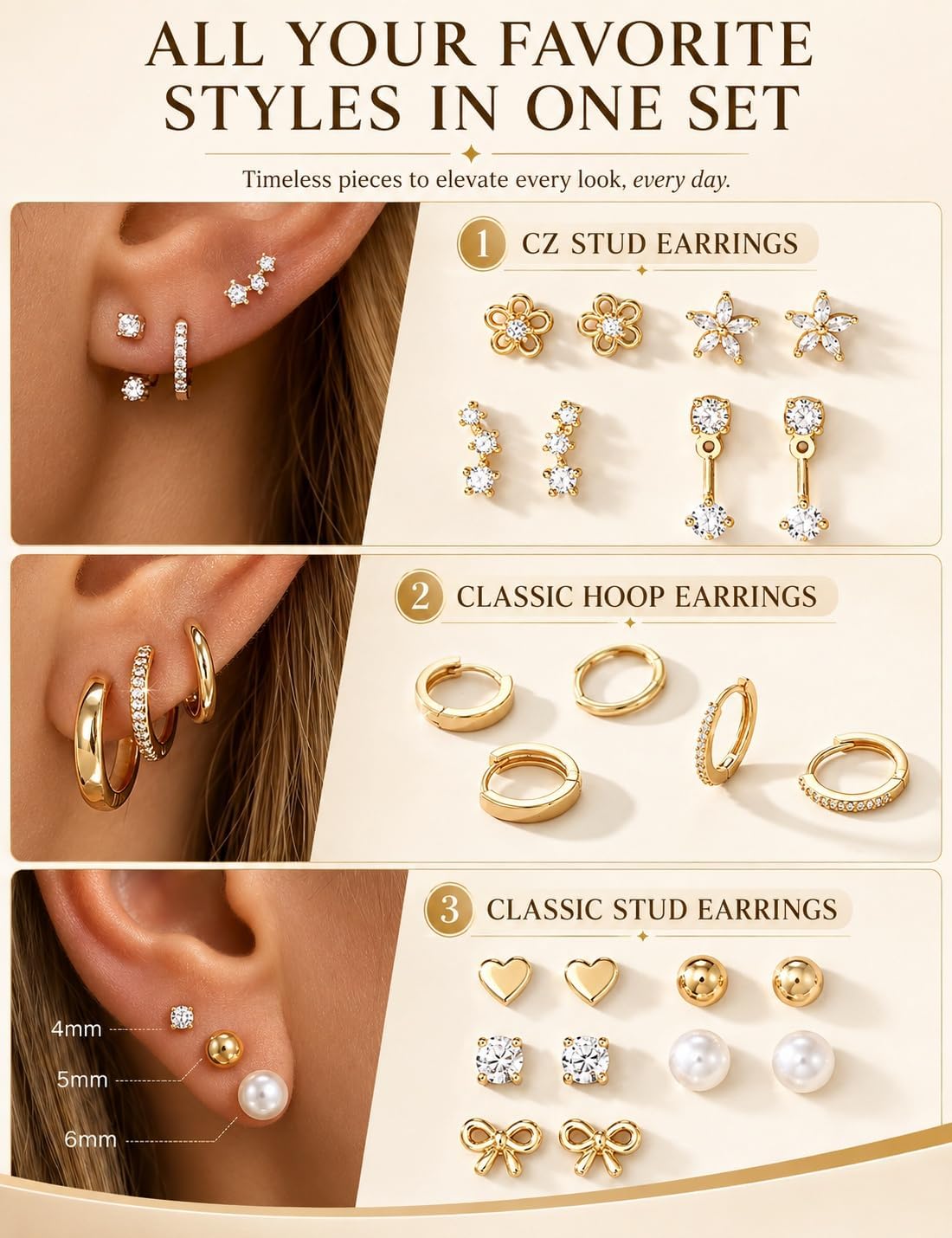 Detalle de Gold-Plated Stud Earrings Set, 12 Pairs