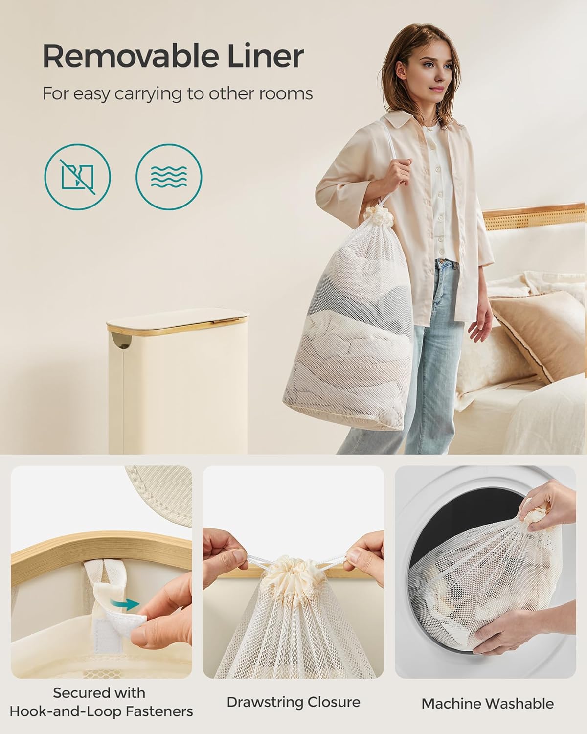 Detalle de SONGMICS LCB506W01 Slim Laundry Basket with Lid (65L) with Removable Mesh Liner