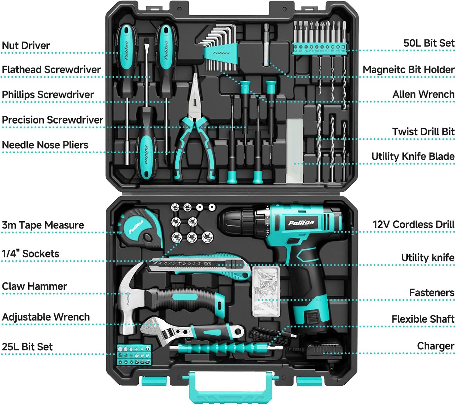 Detalle 2 de PULITUO 149-Piece Home Drill Set with Turquoise 12V Cordless Drill