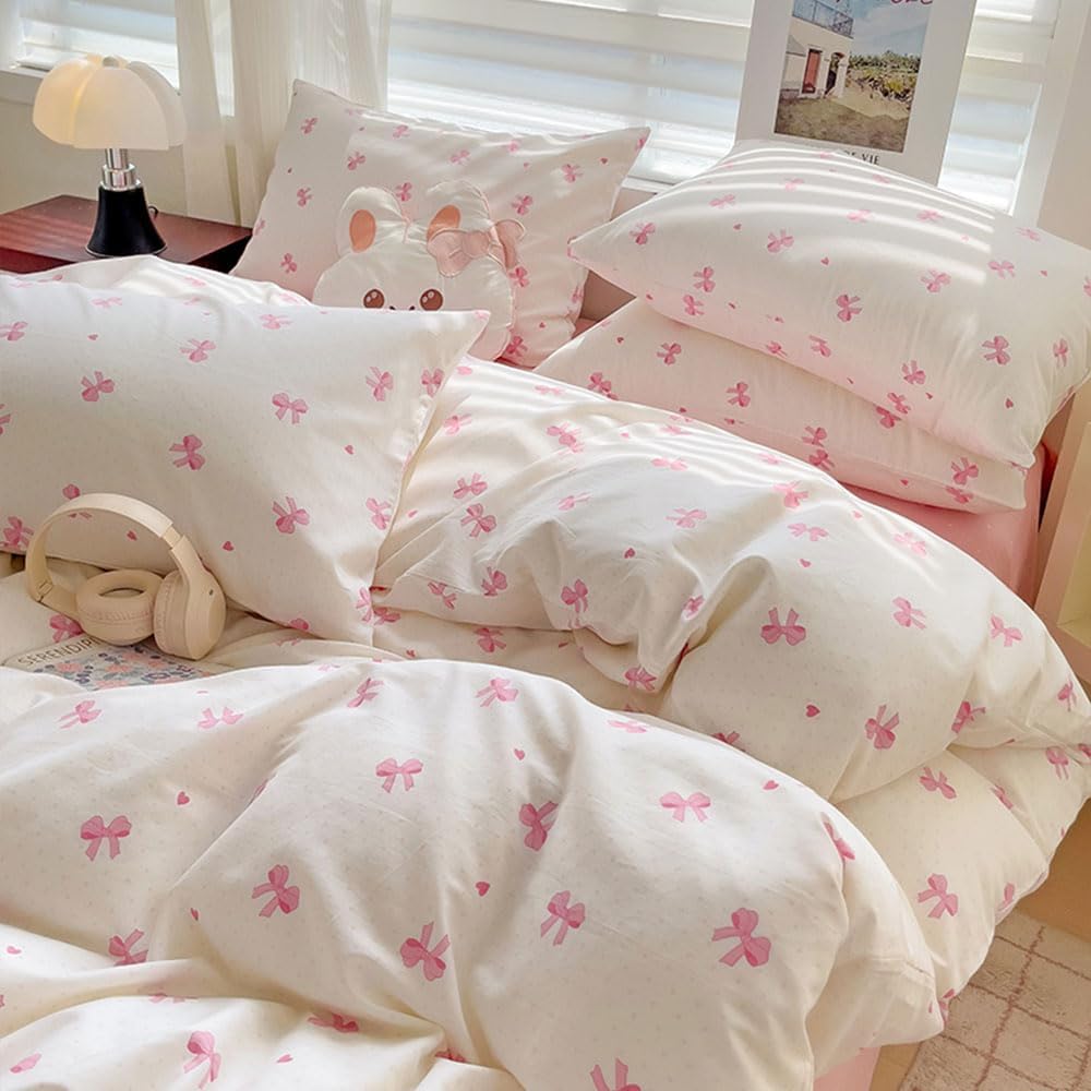 Thumbnail 1 de Nyescasa Housse de couette 200x200 rose nœud papillon et cœurs en microfibre, avec fermeture éclair et 2 taies 65x65