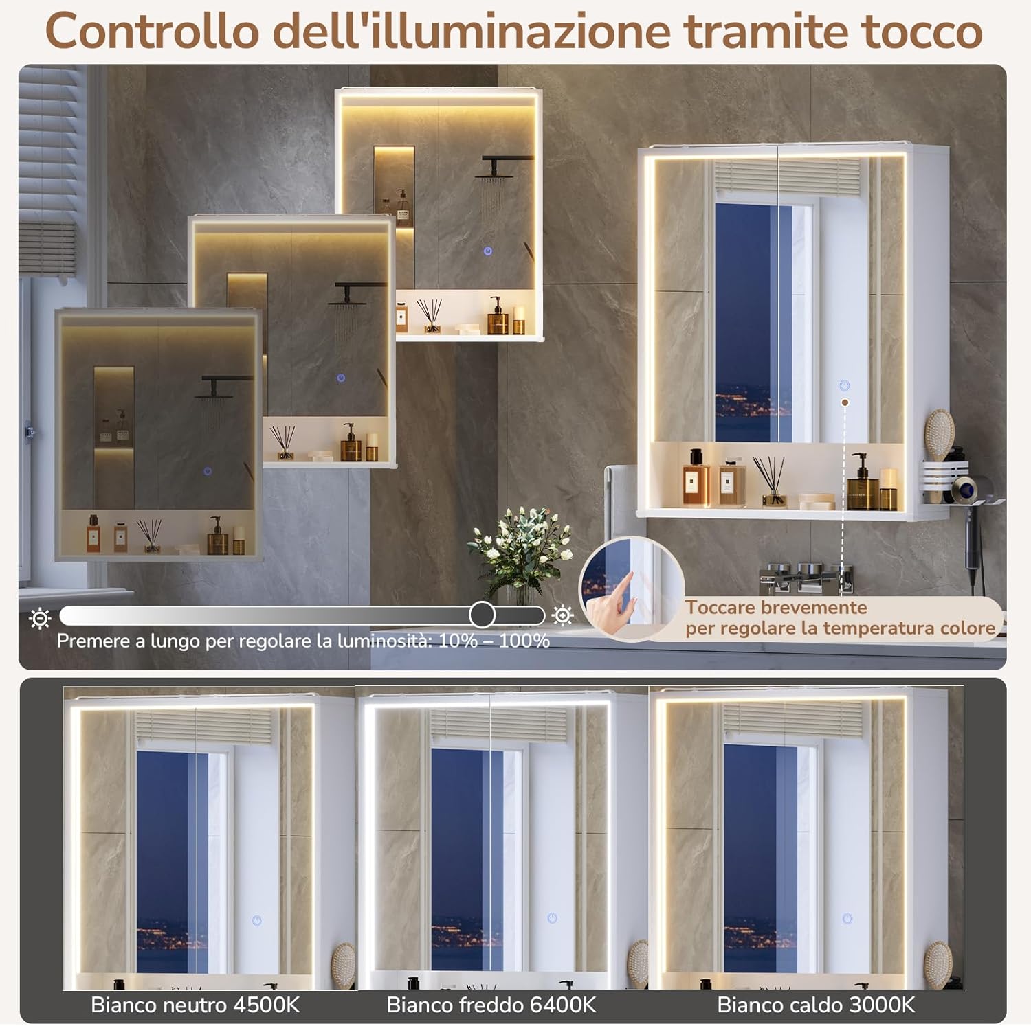 Thumbnail 4 de mojiasion Specchio Bagno Contenitore 60x78x18 cm con Luce LED 3 Lati, Touch, USB e Porta asciugacapelli/Asciugamani