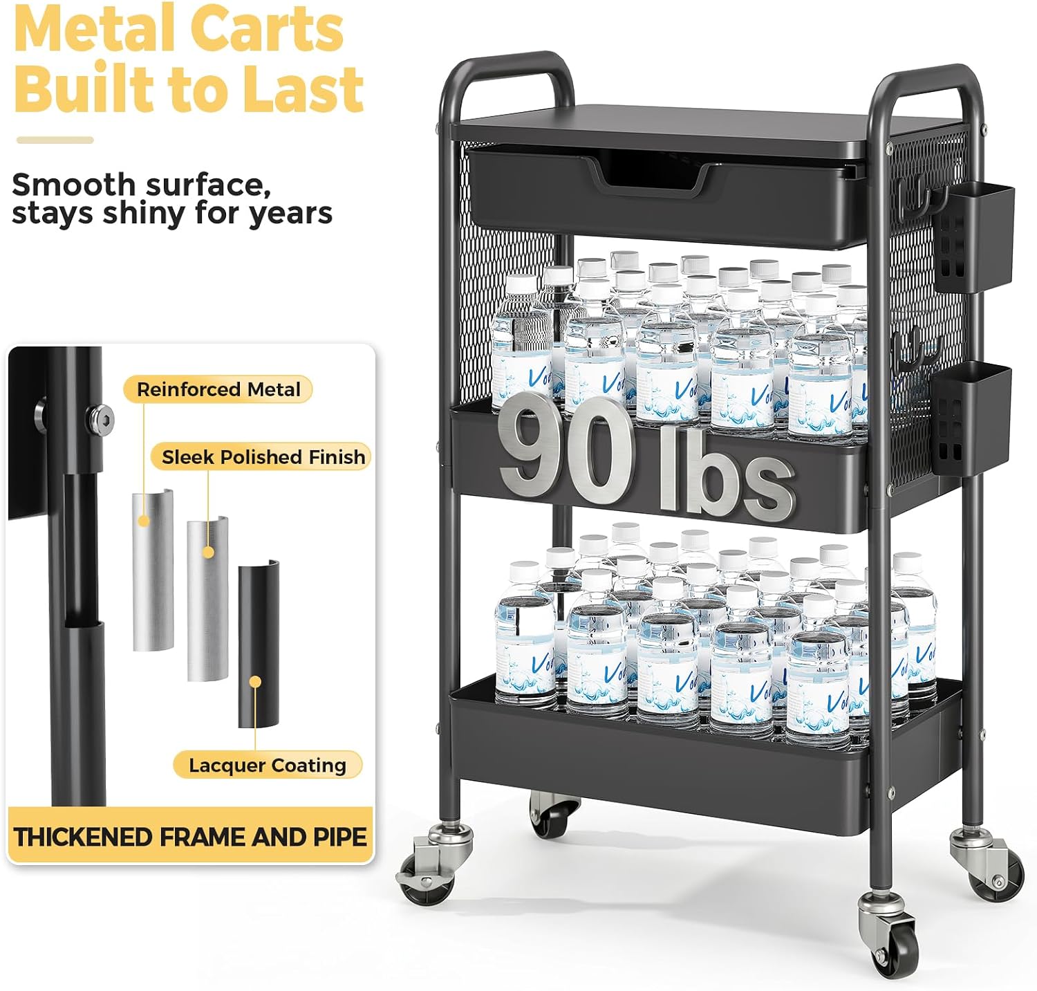 Detalle de KINGBOARD RY810536 3-Tier Metal Rolling Cart with Drawer, Hooks and Locking Wheels