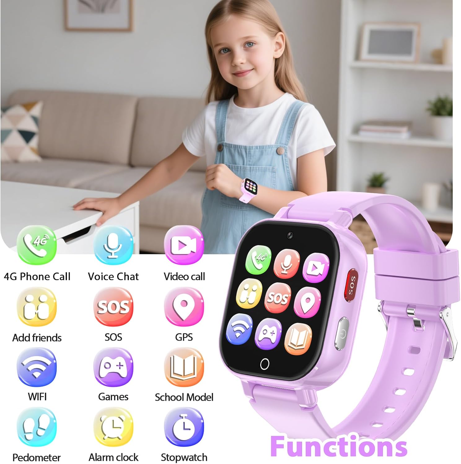 Detalle de Smartwatch Bambini 4G con Videochiamata, GPS, SOS e Modalità Classe – Lila-8A
