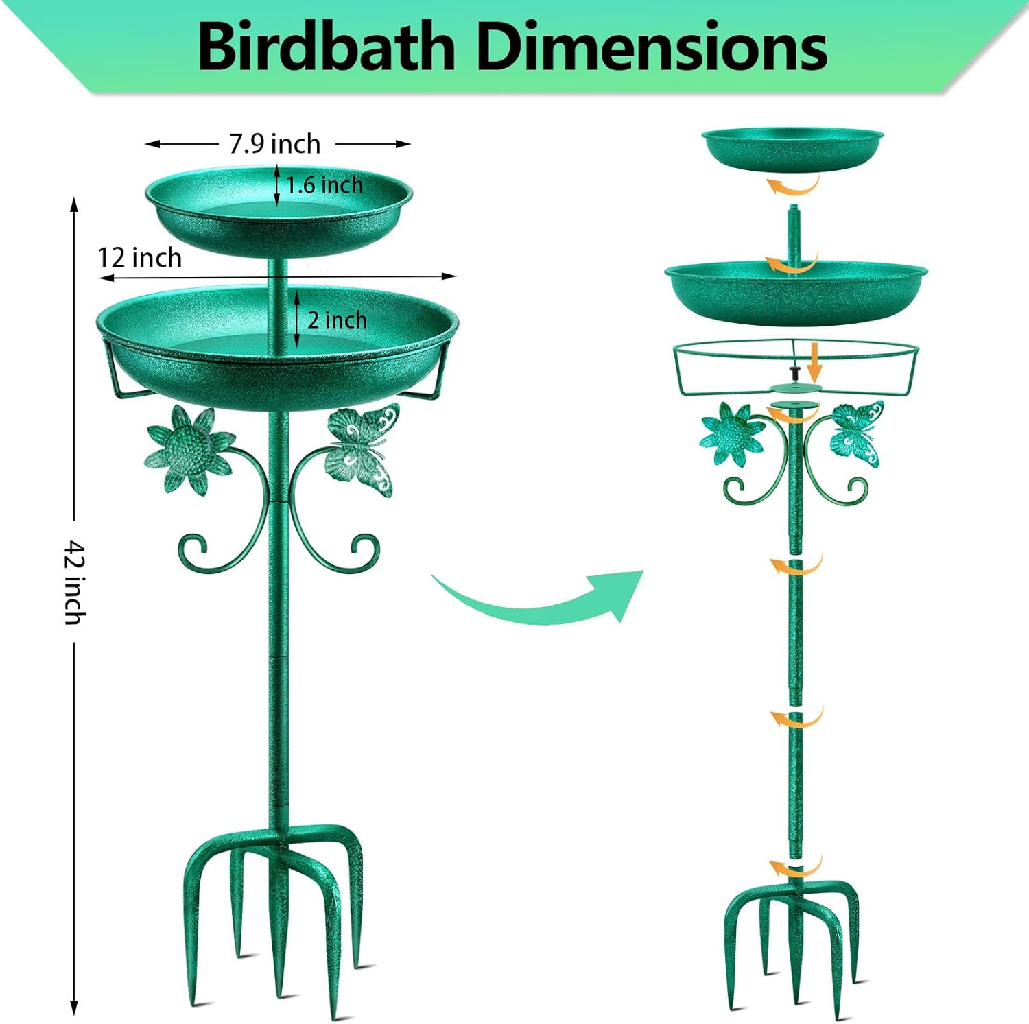 Thumbnail 6 de Metal Bird Bath for Outside (42In) Double Vintage Freestanding Birdbath & Feeder with 5‑Pronged Base