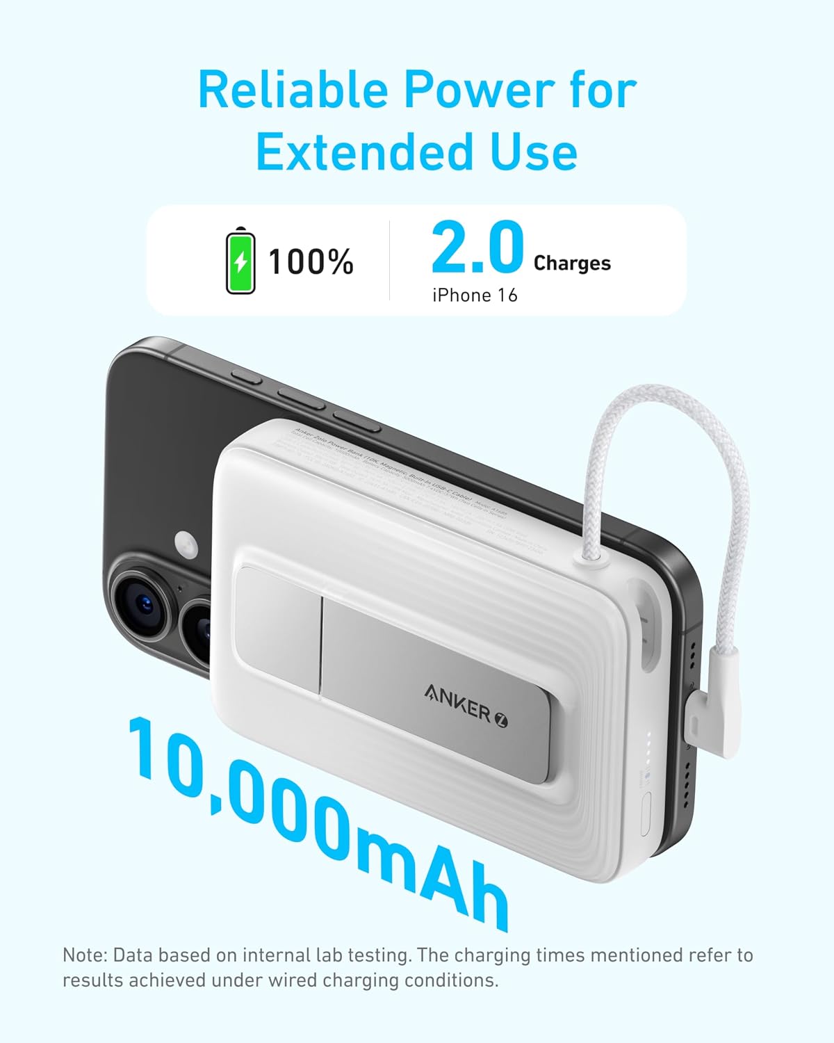 Detalle de Anker Zolo Magnetic Power Bank 10K: 30W Fast Charge, Built‑in USB‑C Cable & Stand