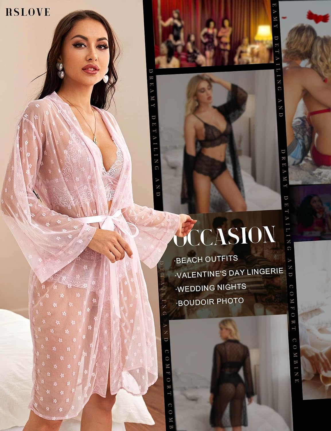 Detalle 2 de RSLOVE kanten lingerieset met mesh badjas, 3-delig