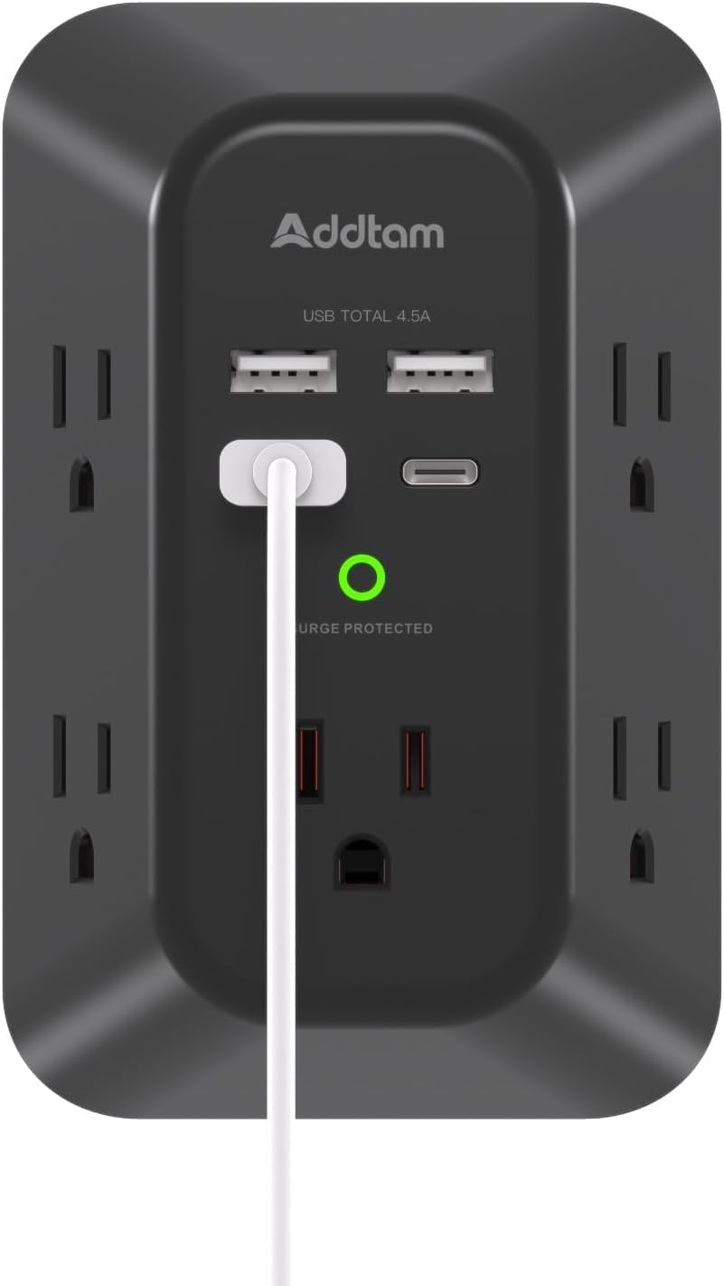 Detalle de Addtam AD5004 Outlet Extender, 5 AC Outlets, 4 USB Ports, 1800J