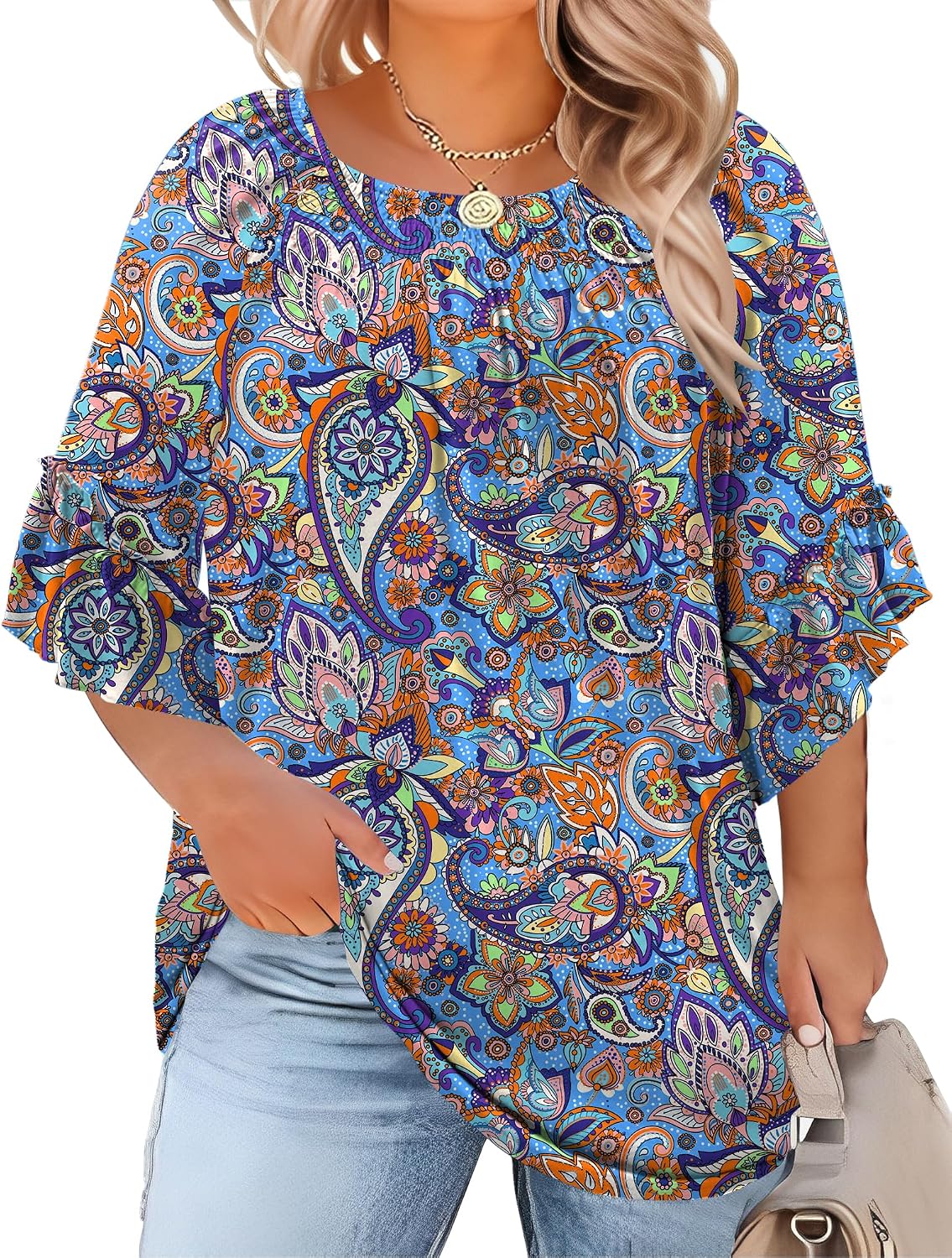 Detalle de Micoson Women’s Plus Size Pleated Ruffle Sleeve Top (3/4 Bell Sleeves), 1X–5X