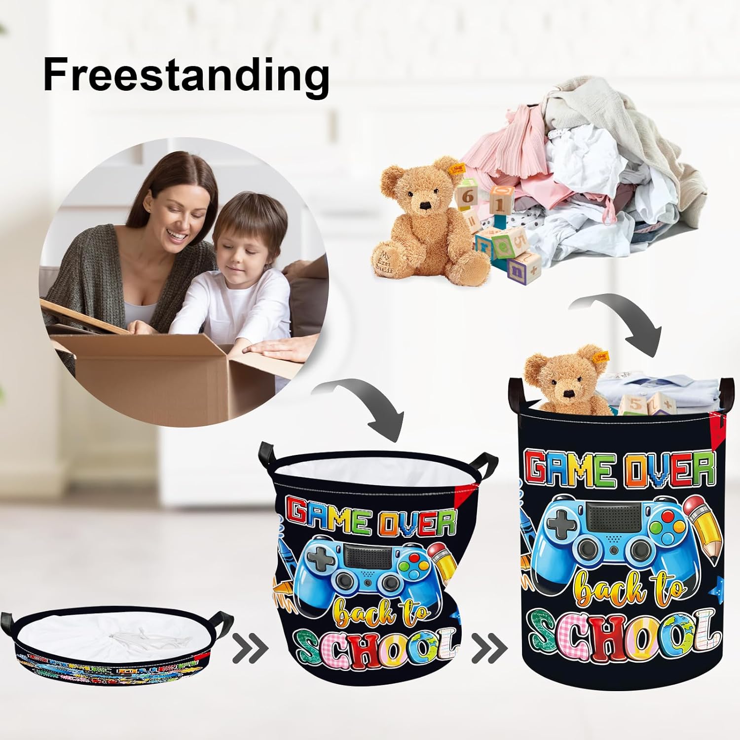 Detalle de Clastyle Gamer Laundry Hamper Collapsible Clothes Basket for Kids – 36x45 cm, Black (Waterproof PE Coating)