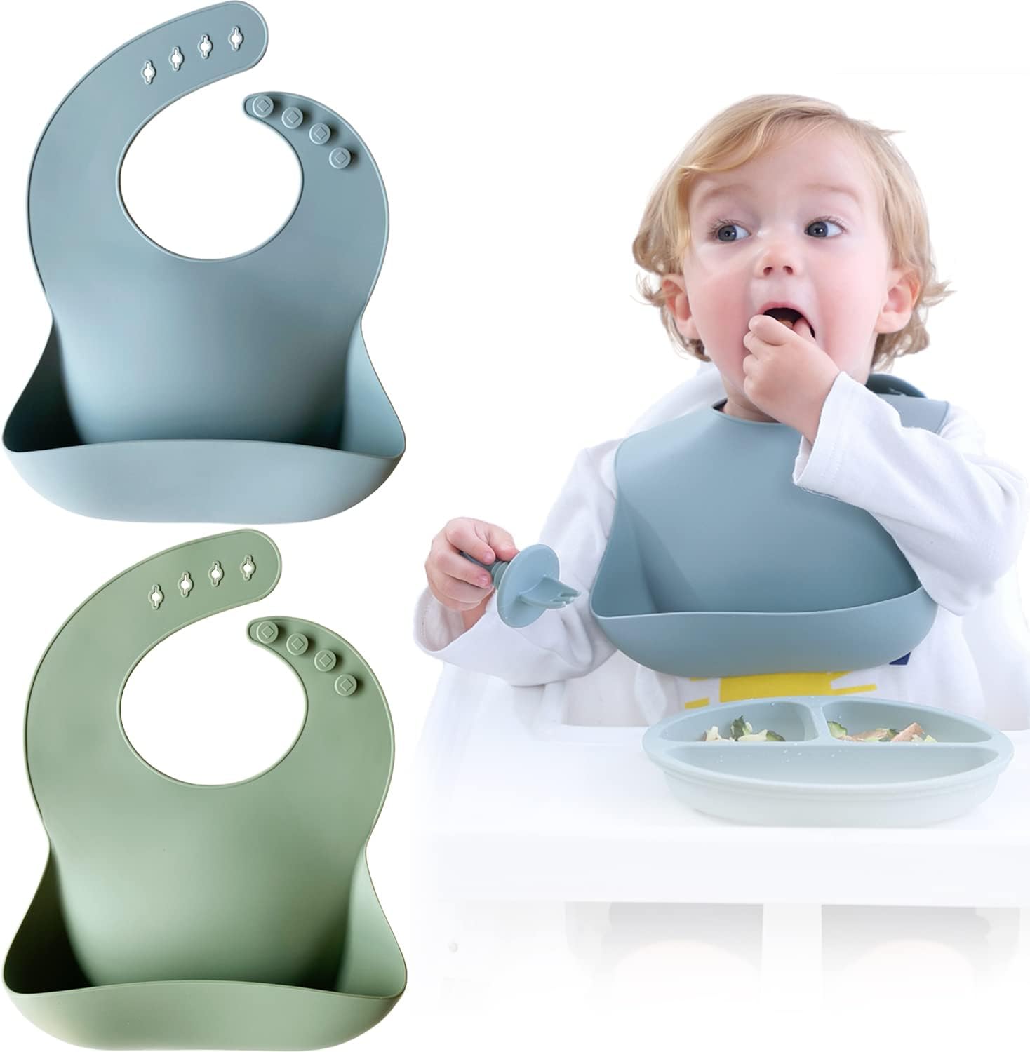 Detalle de Moonkie Baby Bibs – 2 pack silicone feeding bibs with waterproof crumb-catcher pocket (BPA-free)