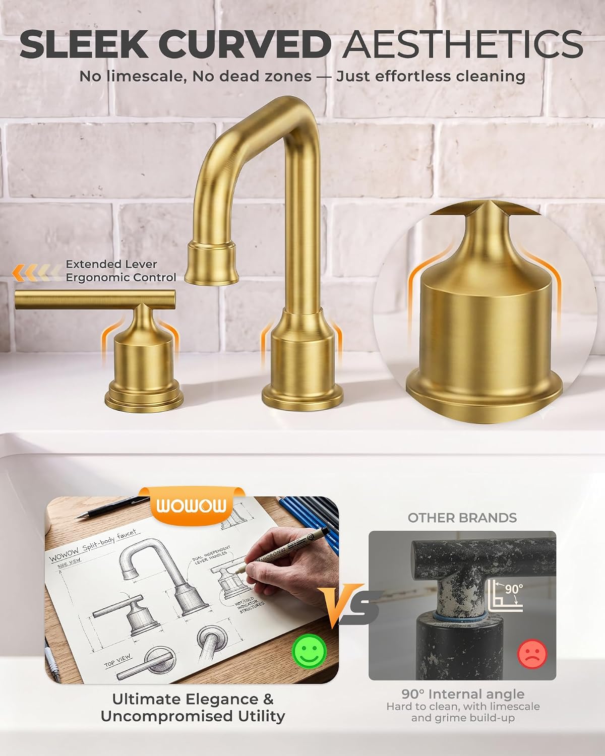 Detalle 2 de WOWOW 2320300G-AMUS Widespread Bathroom Faucet, Brushed Gold, Swivel Spout