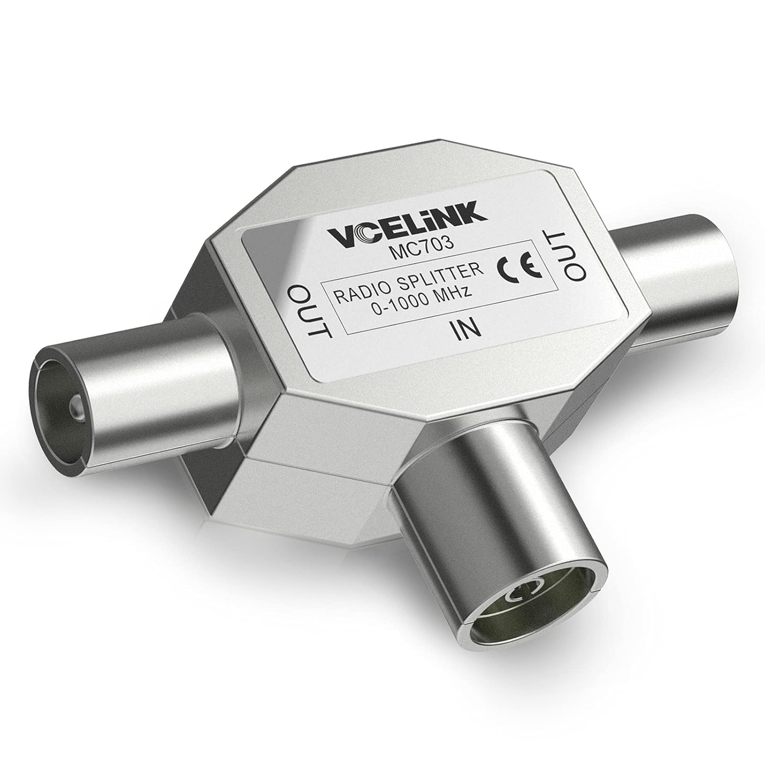 VCELINK TV Aerial Coax Splitter (2-Way) 0–1000MHz – 1x IEC In to 2x IEC Out
