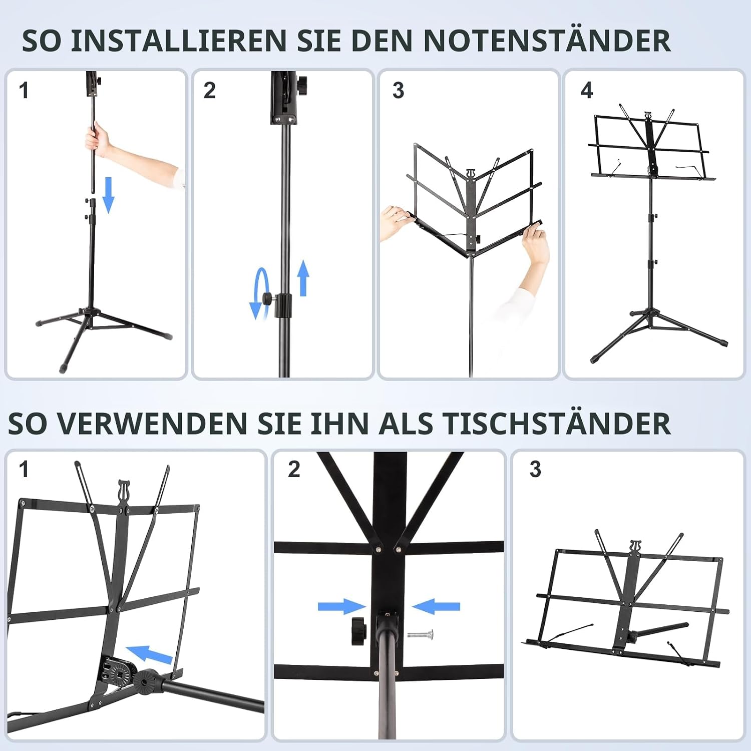 Detalle 2 de New Bee Notenständer Klappbar Stabil 2 in 1 – höhenverstellbar, 180° neigbar, Tragetasche
