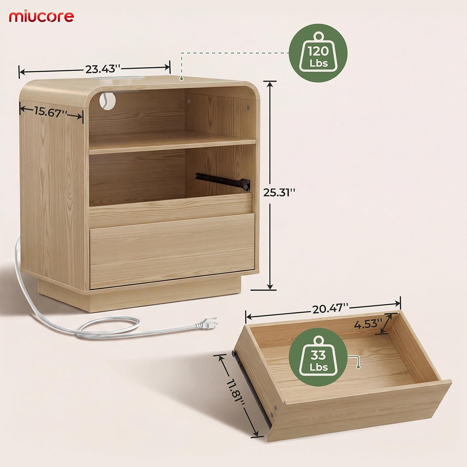 Detalle 2 de Miucore FN-NS002 Natural Oak Nightstand with Charging Station and 2 Drawers