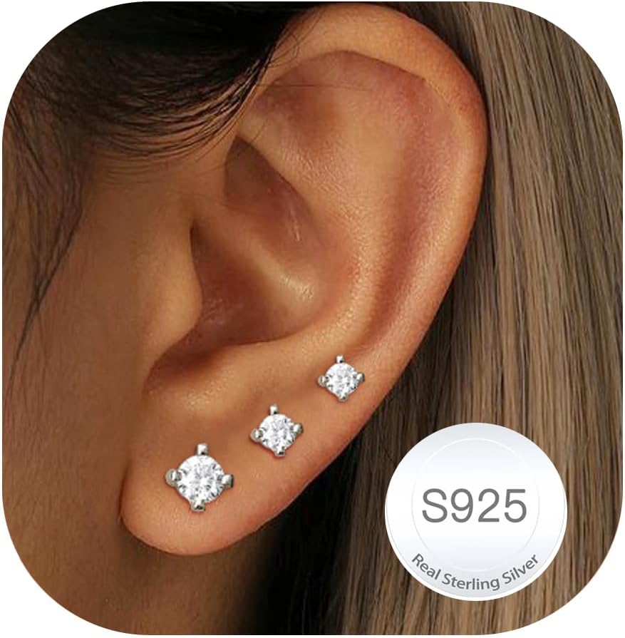 Detalle de DORANA 3-Pair 14K Gold-Plated 925 Sterling Silver Stud Earrings, 2–4 mm