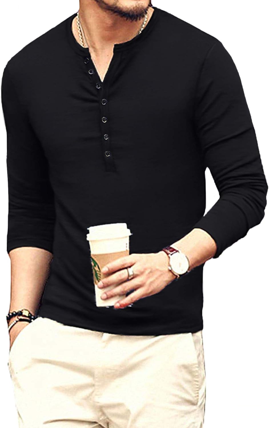 Thumbnail 3 de KUYIGO Herren Henley T-Shirt Slim Fit aus Baumwolle mit Knopfleiste