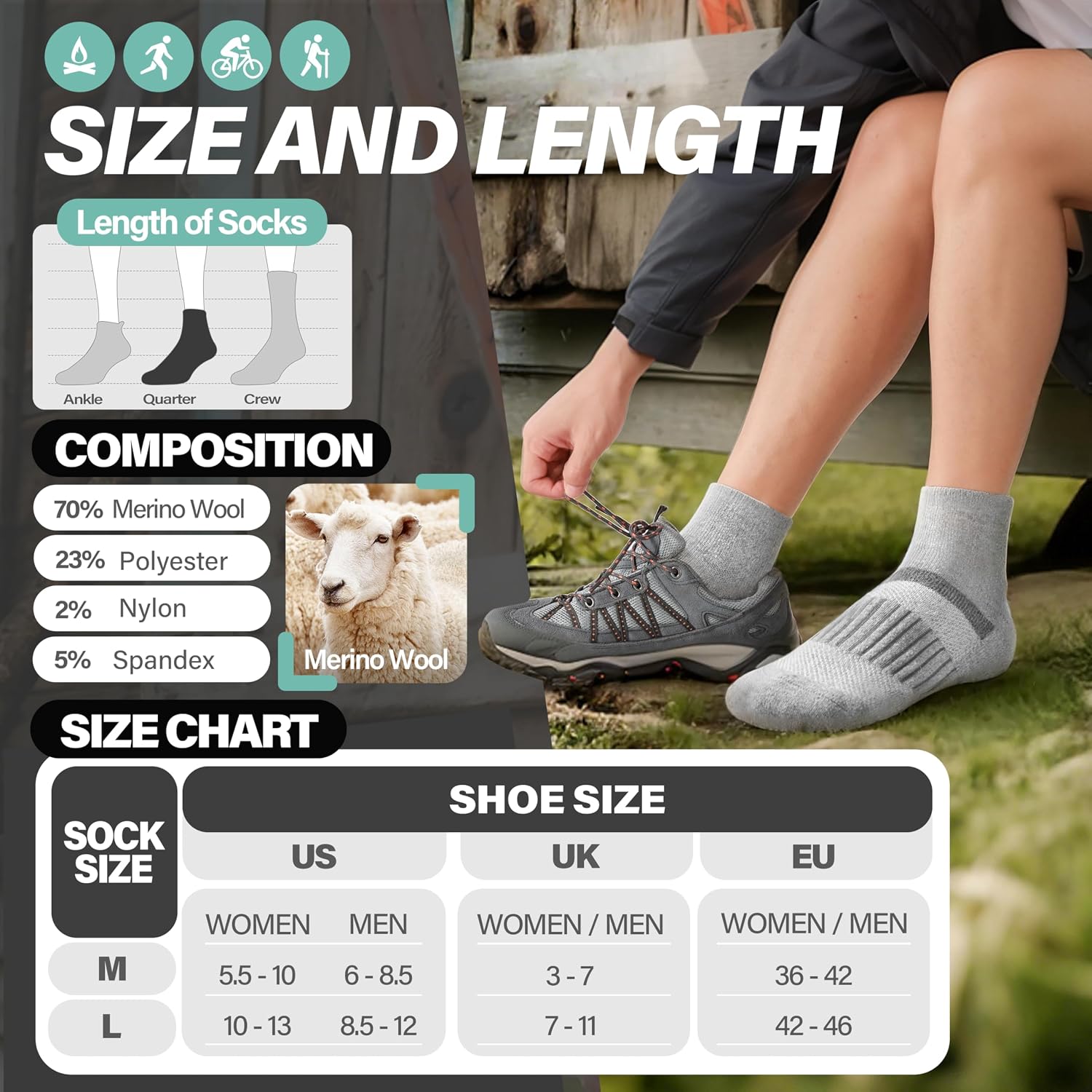 Detalle de MOSEY KOSY Merino Kurz Viertellänge Wandersocken – 6 Paar warme, atmungsaktive Wollsocken für Herren und Damen
