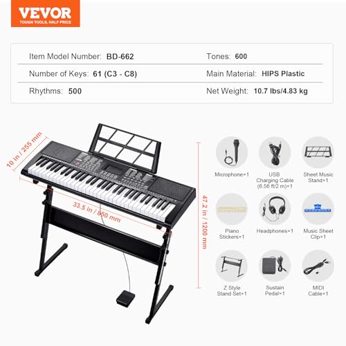 Thumbnail 6 de VEVOR Piano Digital Portátil de 61 Teclas con Teclas Iluminadas y Soporte Ajustable