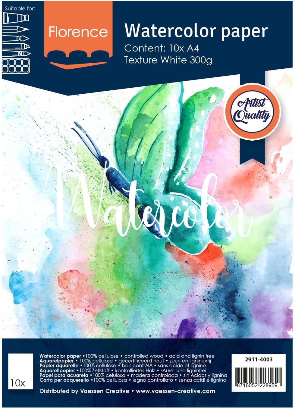 Thumbnail 6 de Vaessen Creative Papier Aquarelle Florence Pressé à Chaud A4 – 100 feuilles, 200 g/m², Blanc Intense