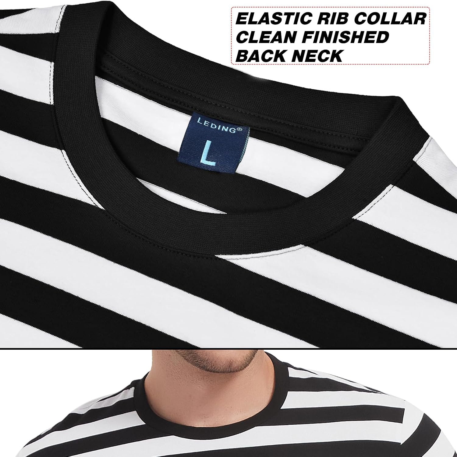 Detalle de LEDING Black and White Striped Long-Sleeve T-Shirt, Cotton-Spandex Crewneck
