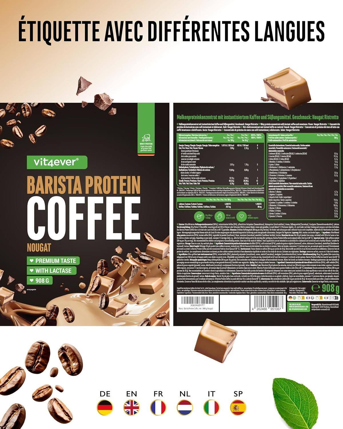 Detalle de Vit4ever Barista Protein Coffee Nougat (908 g) — café protéiné crémeux jusqu’à 20 g de protéines