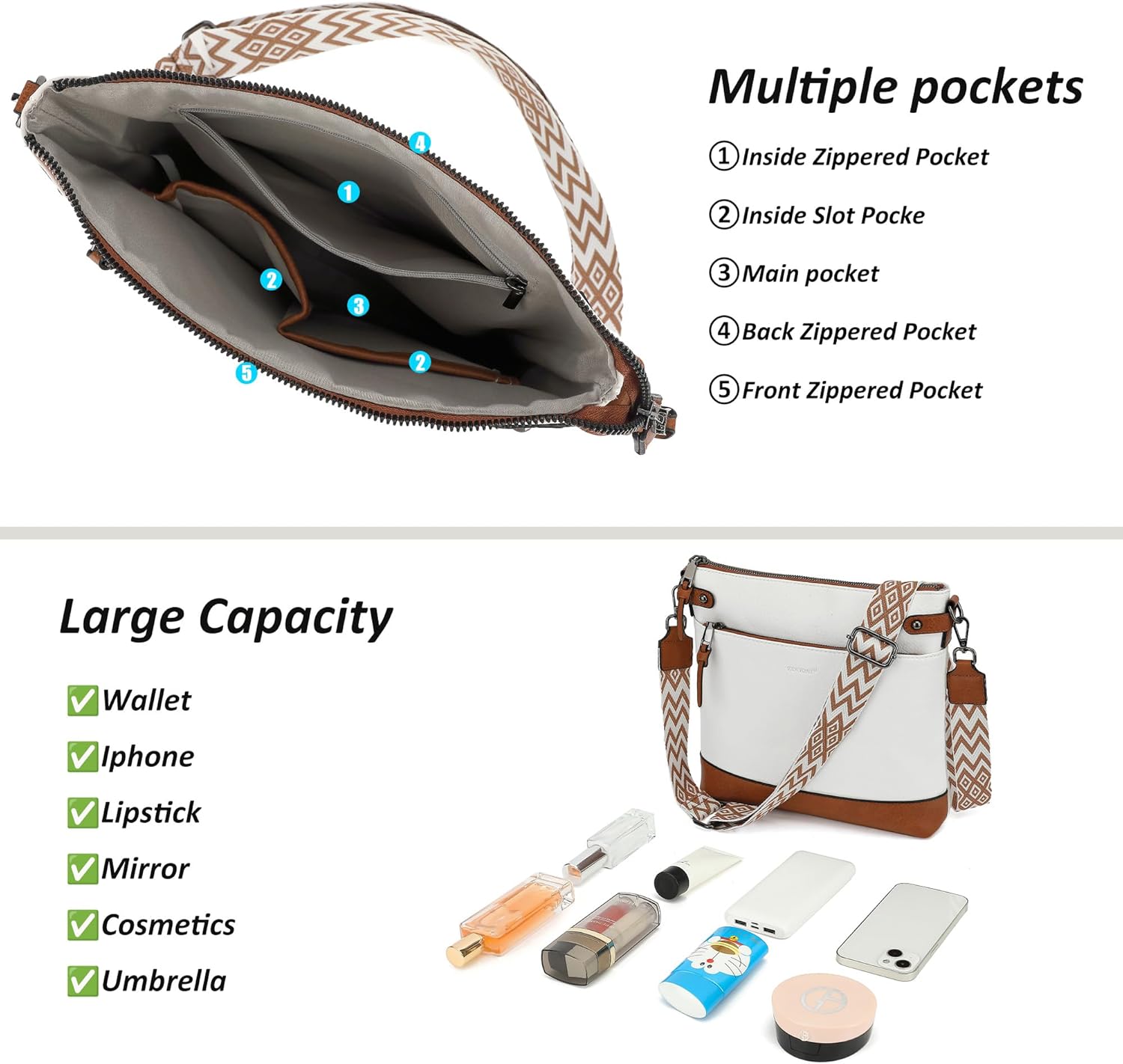 Detalle de TANTOMI Crossbody Bag for Women: Medium Vegan Leather Shoulder Bag with Adjustable Wide Strap