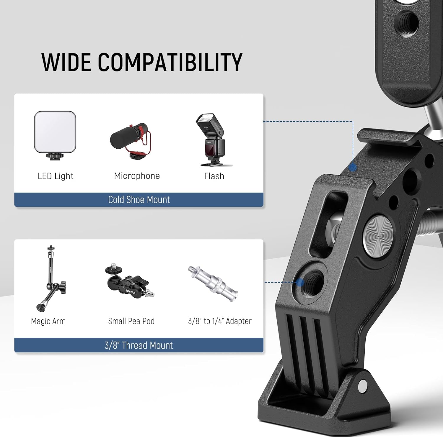 Detalle de NEEWER UA036 ダブルスーパークランプ付きマジックアーム、コールドシュー・360°調整対応