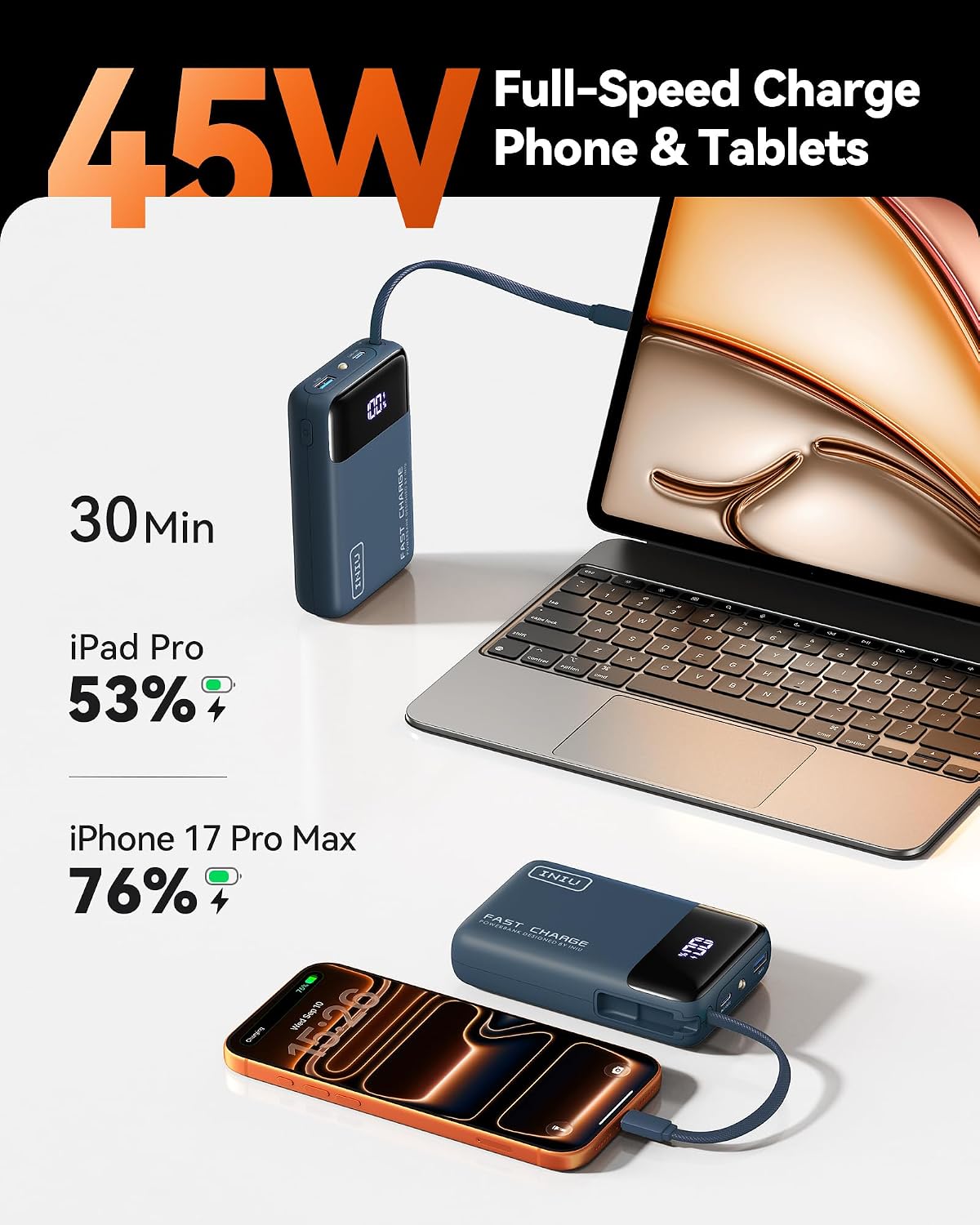 Detalle de INIU 45W powerbank med 20 000 mAh och inbyggd USB-C-kabel, blå