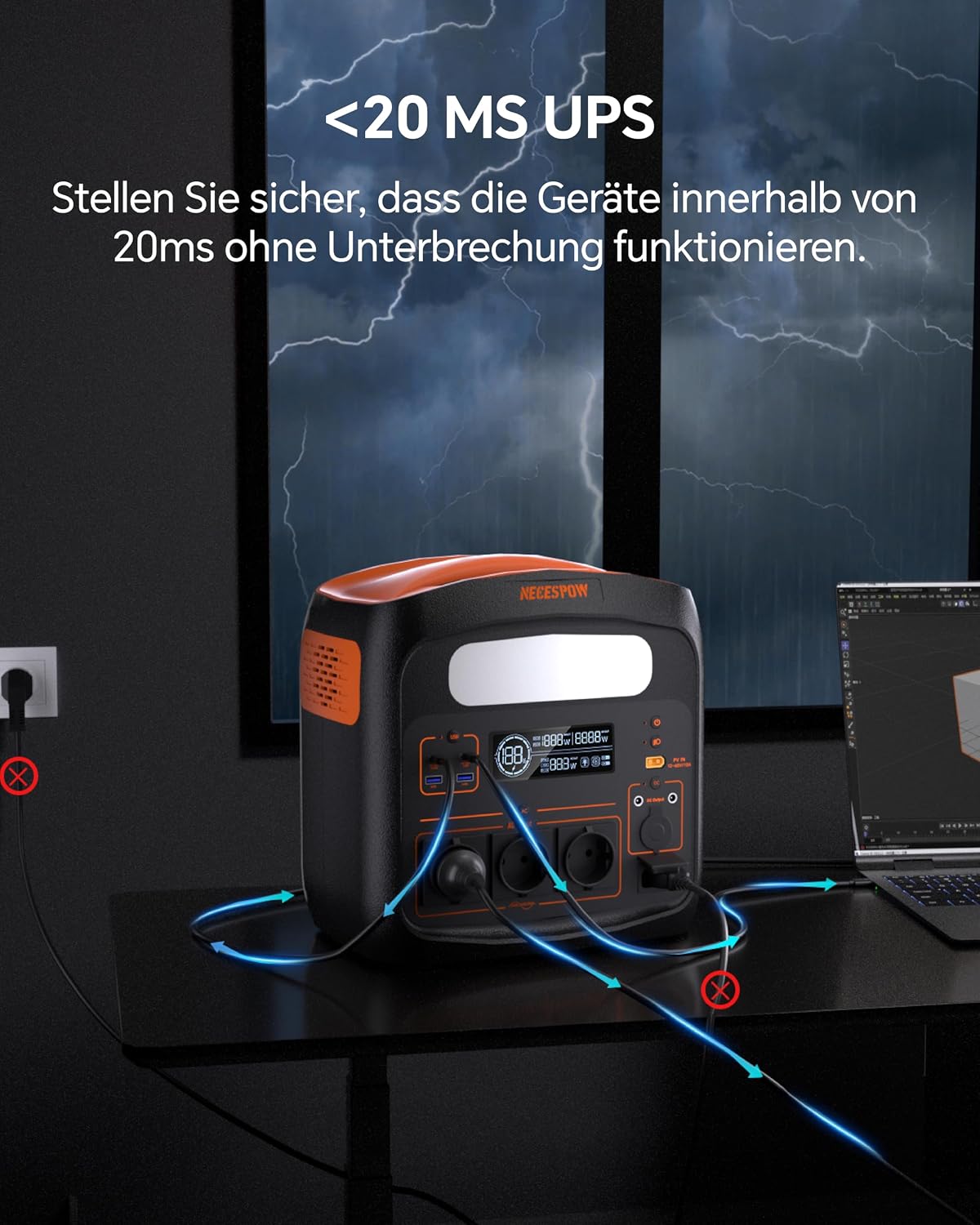 Detalle de Tragbare Powerstation 1800W (3600W Spitzenleistung) mit 1102,5Wh LiFeMnPO4 Akku – Schnellladung & Solarunterstützung