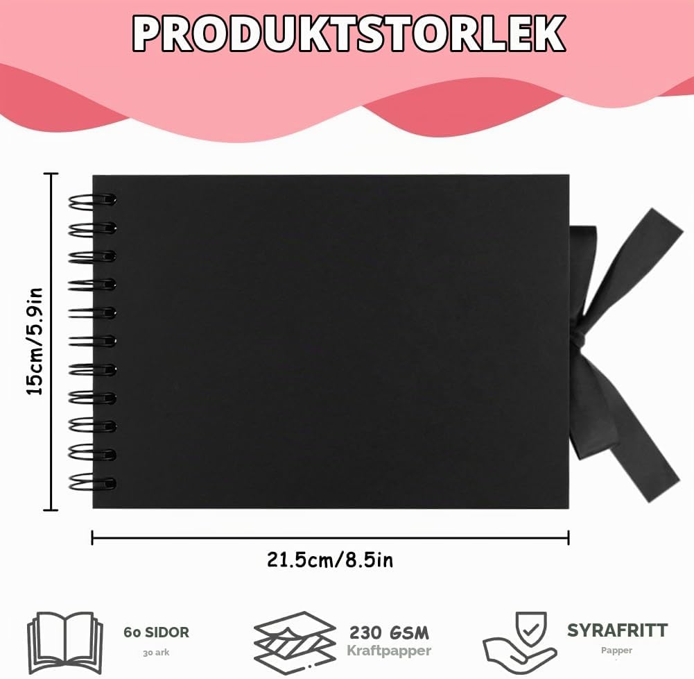 Detalle de Aolso 3917052 fotoalbum med 30 svarta ark, spiralbindning och kreativt tillbehör