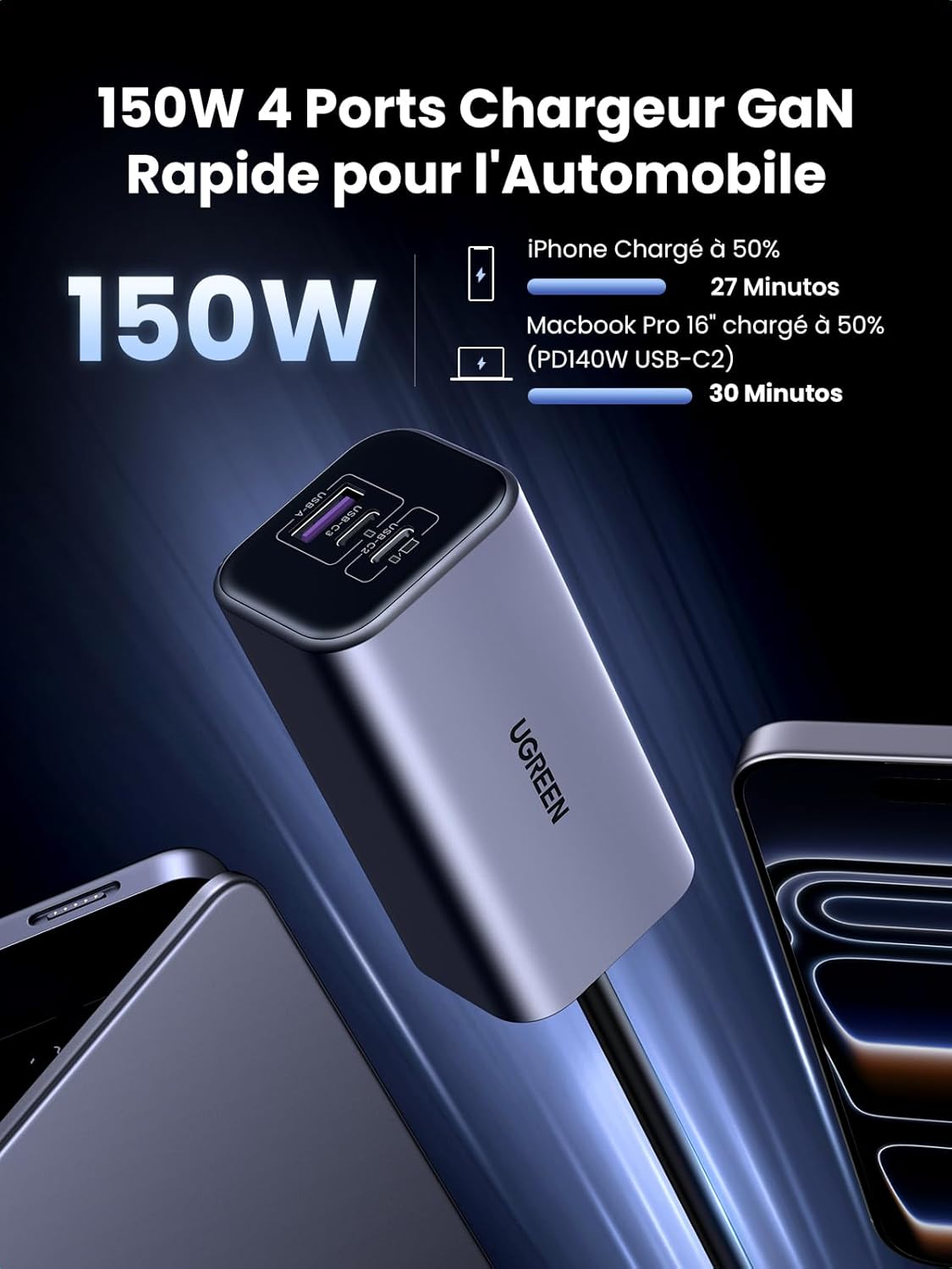 Thumbnail 1 de UGREEN chargeur allume-cigare 150 W GaN 4 ports USB‑C (PD 3.1, QC 4.0, PPS) pour voiture