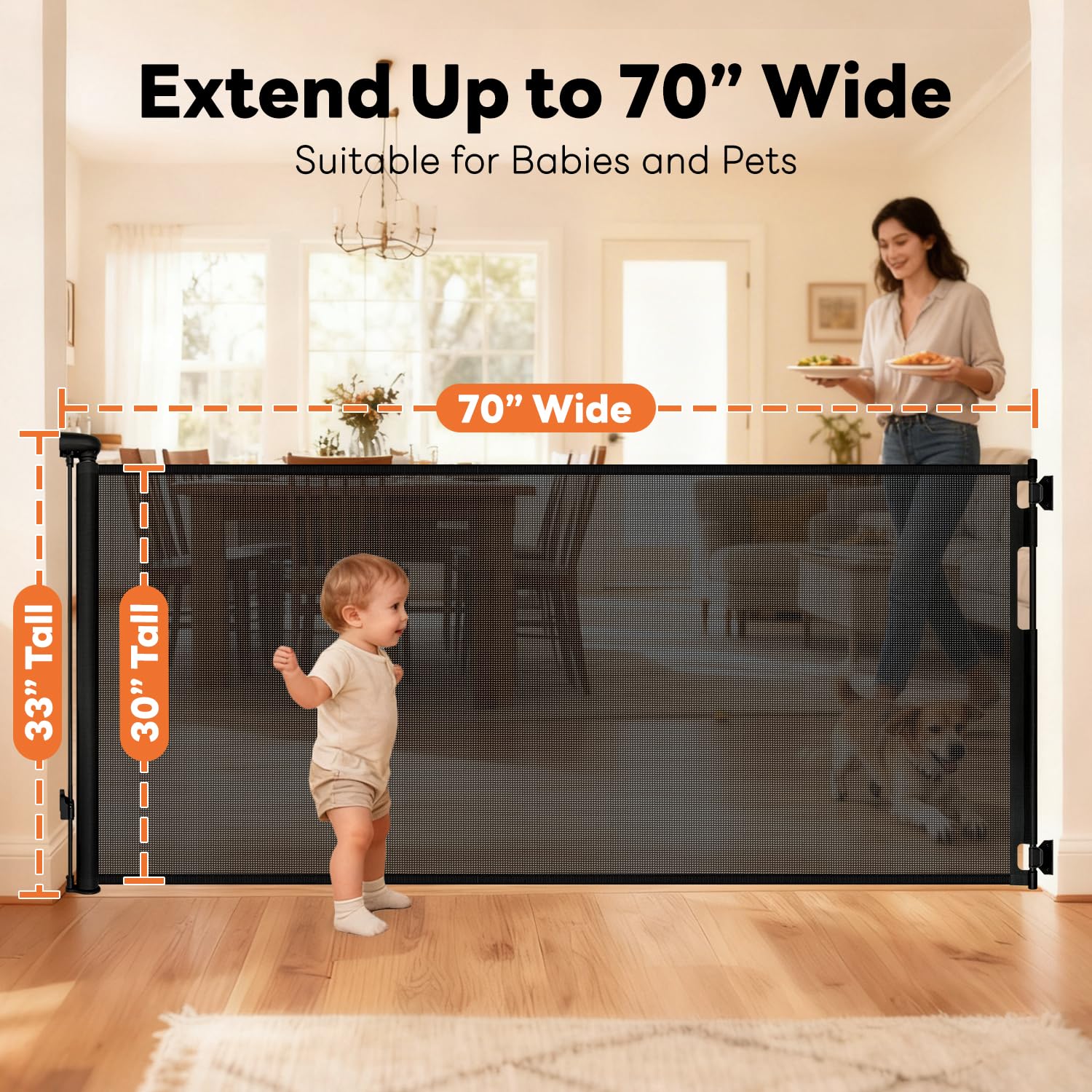 Detalle 2 de peluasua peluasua4 Retractable Baby Gate, 70-Inch Wide Mesh Barrier