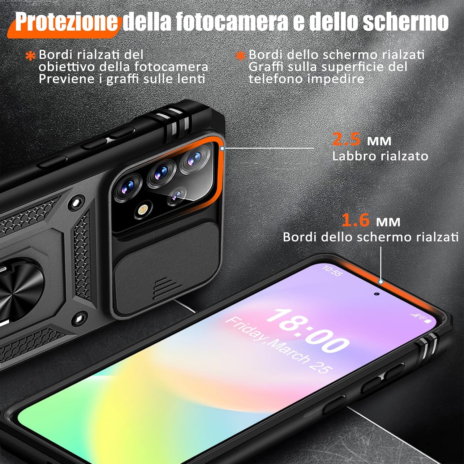 Detalle de Giyer Cover per Samsung Galaxy A53 5G: custodia con vetro temperato, protezione militare e supporto rotante 360°