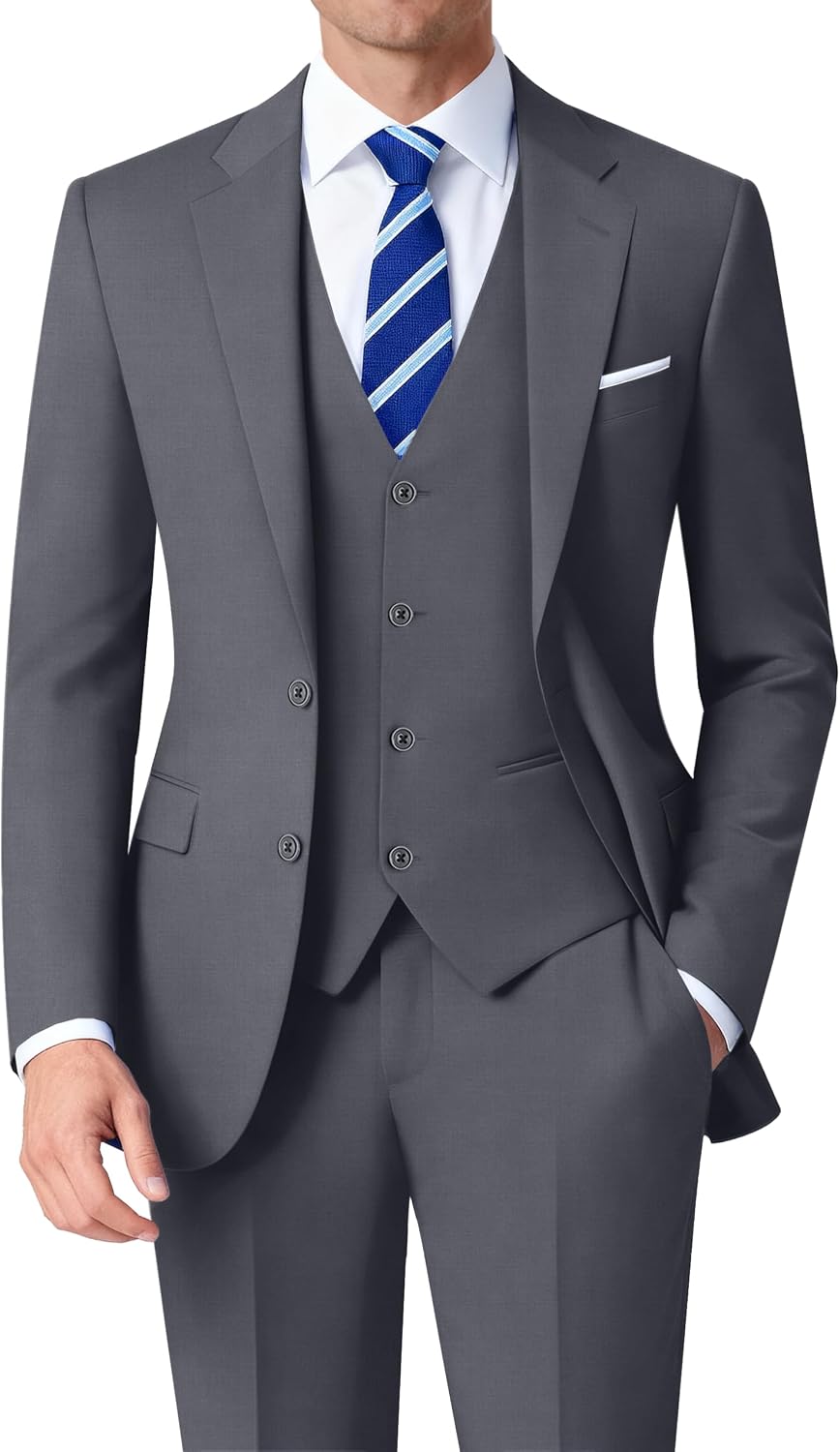 Detalle de RainbowDate Men’s Stretch Suit Slim Fit 3-Piece (Jacket, Vest, Pants) with Adjustable Waist