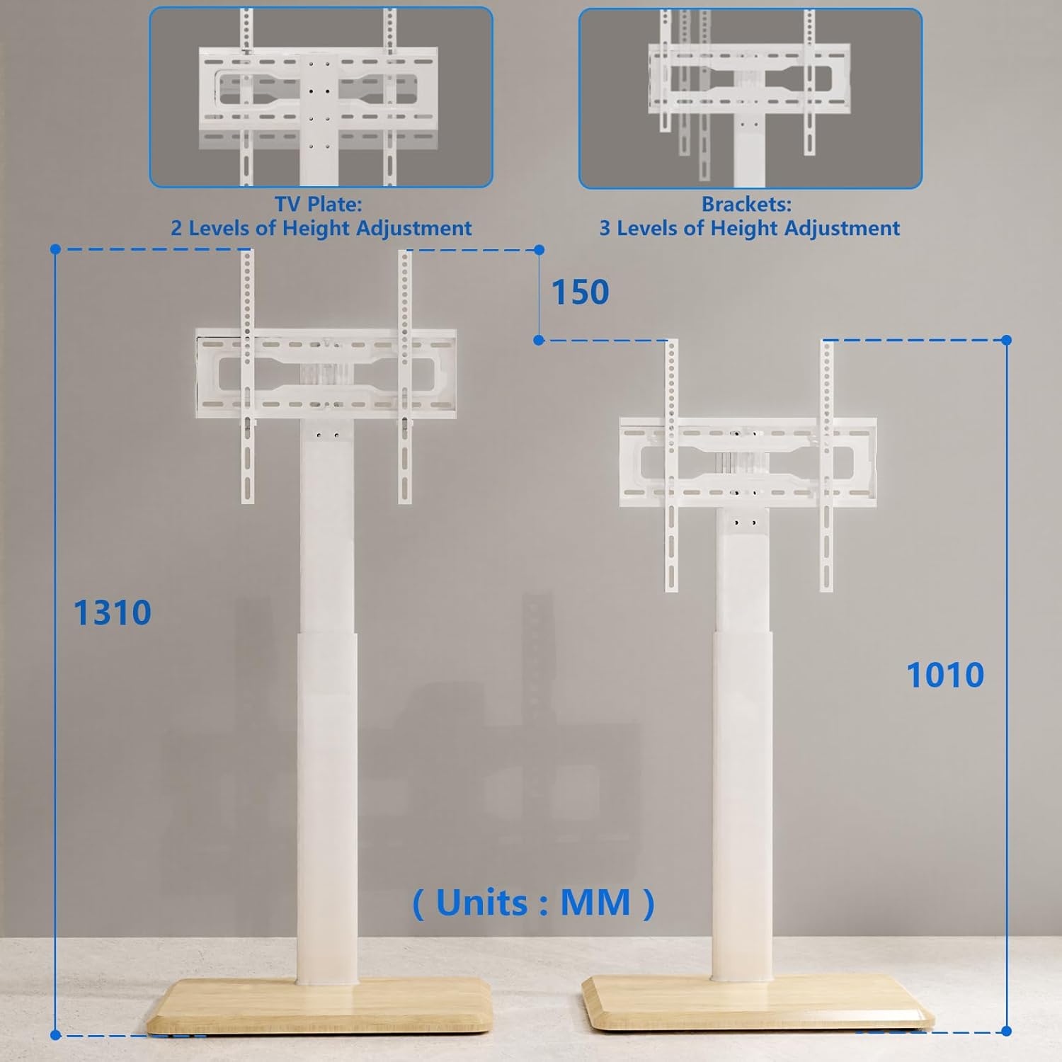 Thumbnail 6 de Support TV mobile 5Rcom sur roulettes cachées, réglable en hauteur et pivotant jusqu’à VESA 400×400 (blanc)