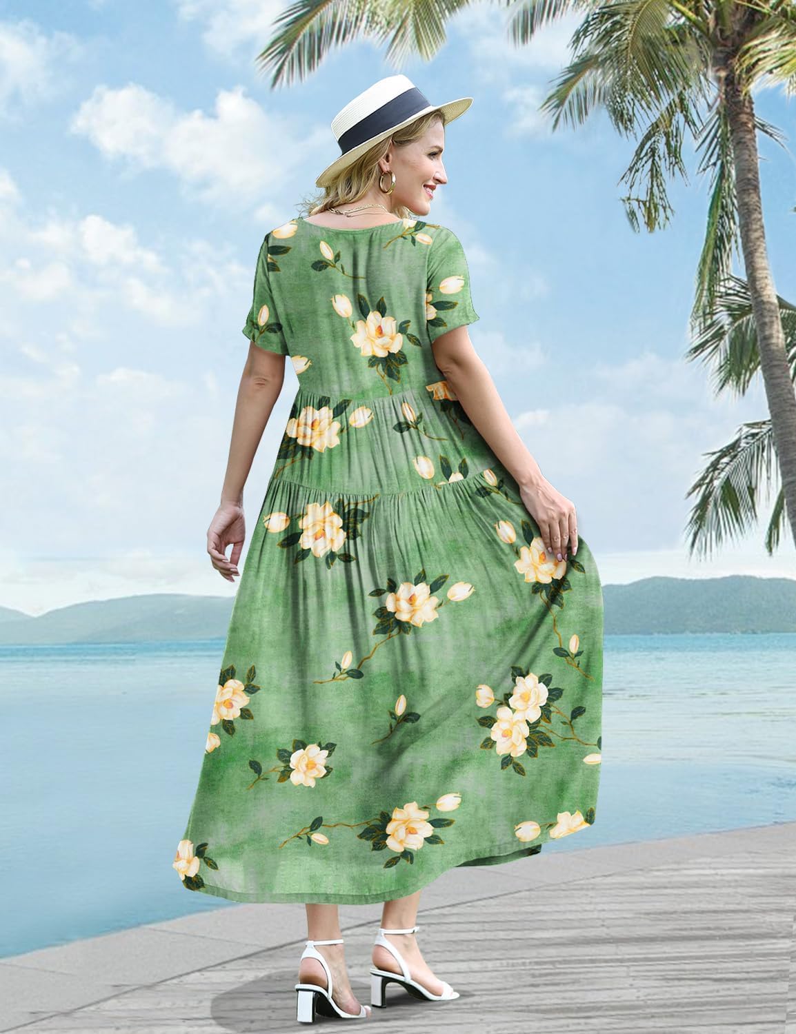 Detalle de YESNO Women Casual Loose Bohemian Floral Dress with Pockets – Maxi Summer Swing