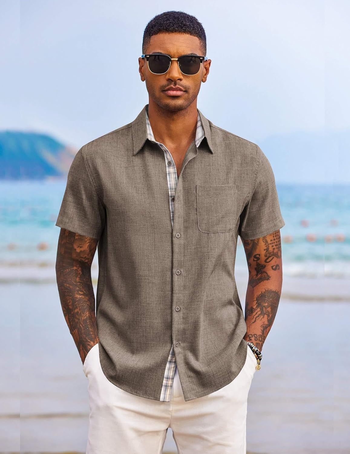 Thumbnail 1 de COOFANDY Men's Short Sleeve Button Down Shirt with Pocket – Lightweight Summer Beach Style