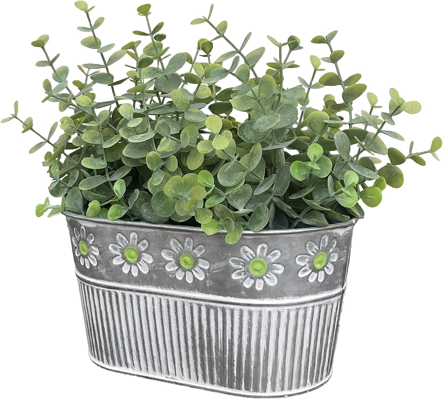 Detalle de Artificial Eucalyptus Plant in Rectangular Metal Pot with Green Flower Decoration – Farmhouse Desk Centrepiece