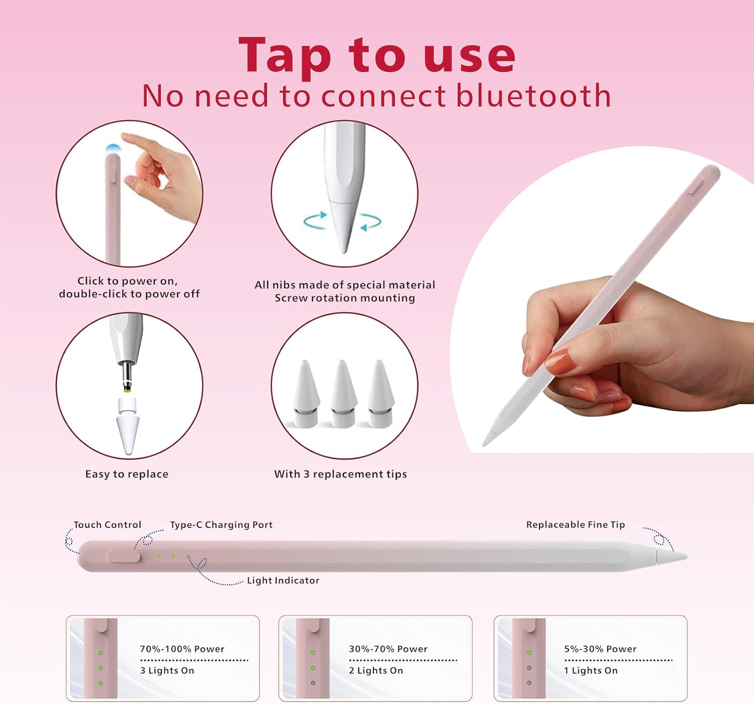 Thumbnail 4 de Milikilo Stylus Pen for iPad with 14‑Minute Fast Charge, Palm Rejection & Tilt Sensitivity (Pink)