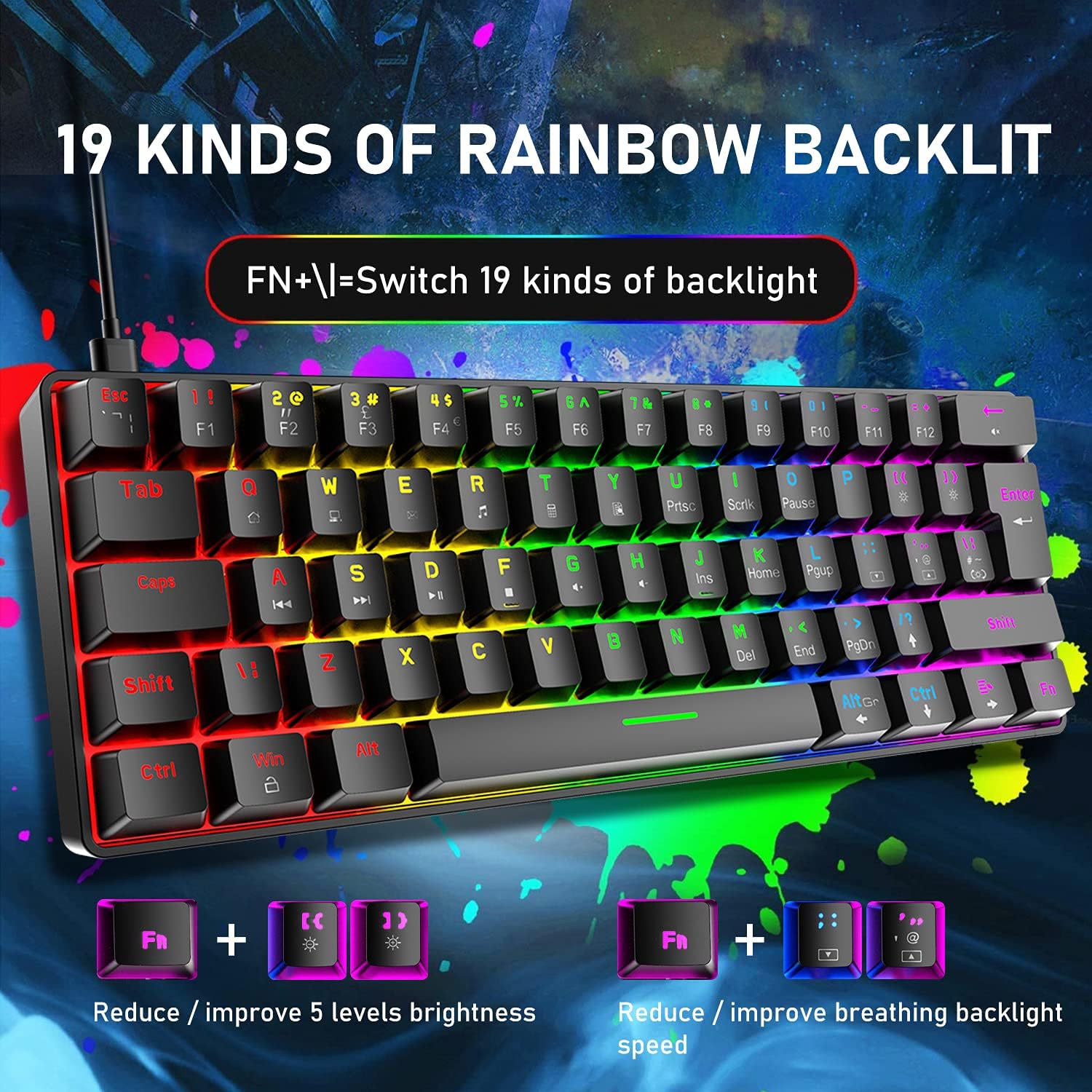Detalle de 60% UK Layout Wired Gaming Keyboard and Mouse 62 Keys Mini Compact Mechanical Keyboard + 6400 DPI RGB Mouse