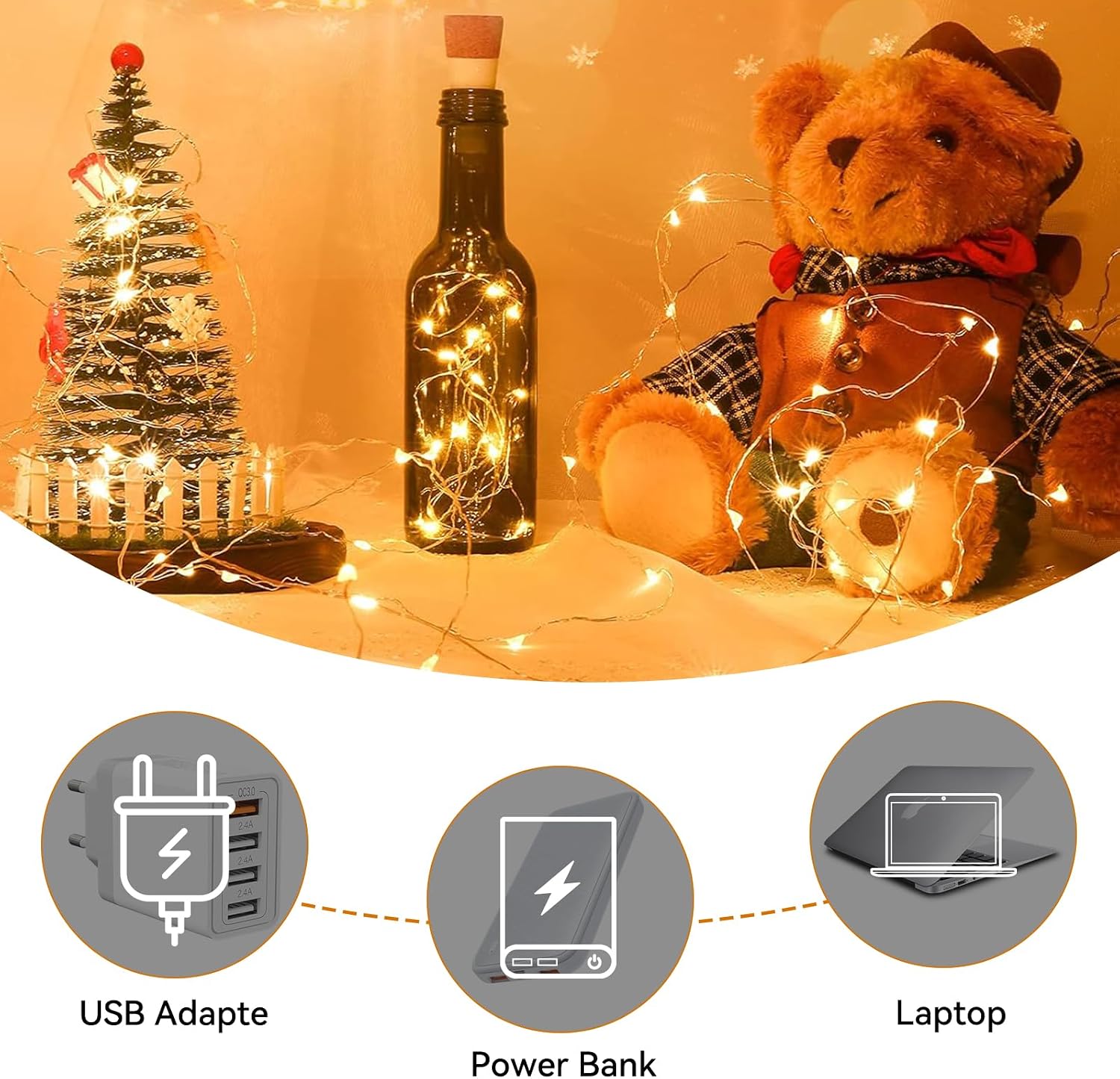 Detalle de Ceepko Luci Bottiglia USB ricaricabile con sughero e filo di rame, 20 LED – Bianco caldo, 3 pezzi