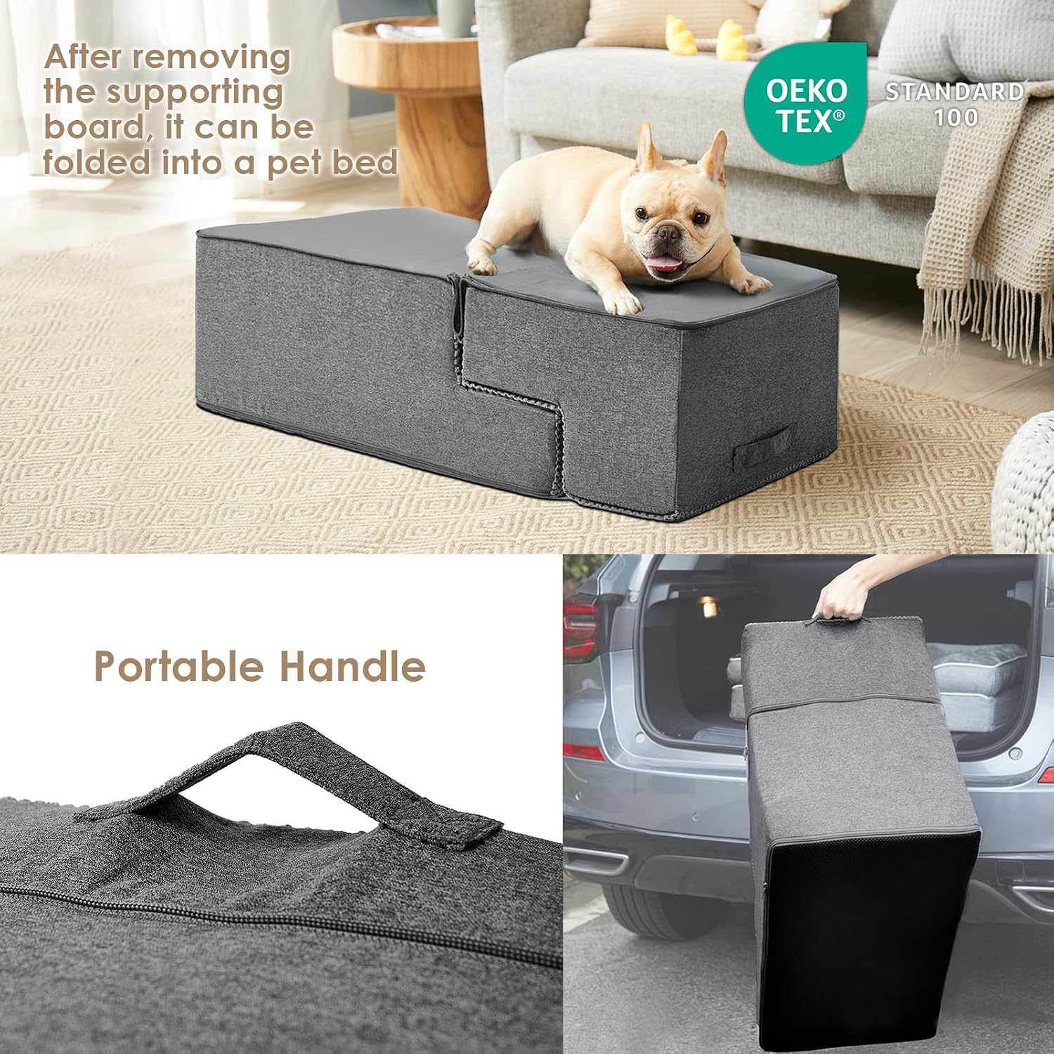 Detalle de EHEYCIGA Model 4 Dog Stairs, 18-Inch Four-Step Bed Steps, Gray Fleece