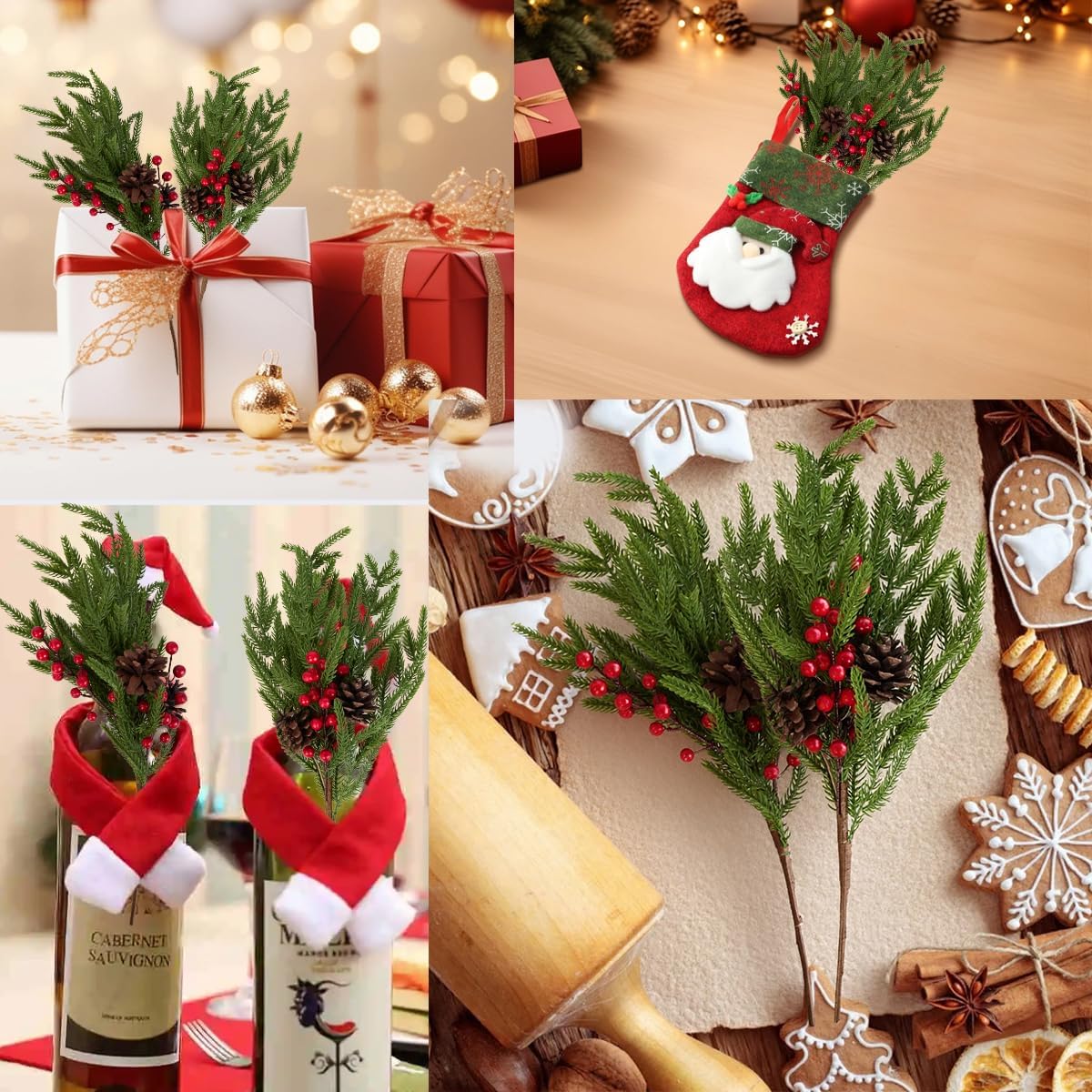 Detalle 2 de HBell 6Pcs Norfolk Pine Stems, 18" Real Touch Artificial Pine Branches with Pine Cones and Red Berries