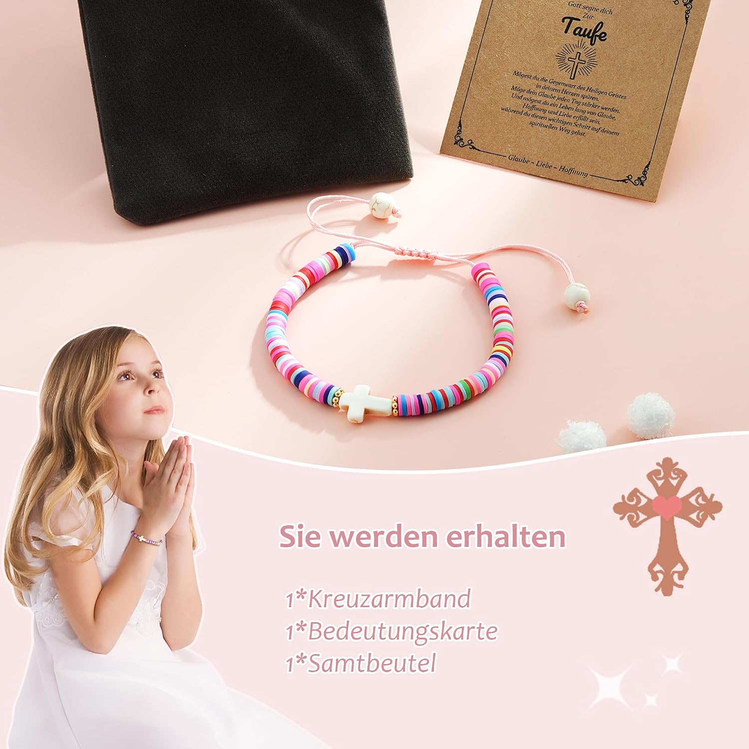 Thumbnail 6 de Fezodo Kreuz-Armband zur Kommunion, Taufe & Konfirmation für Mädchen – mit verstellbarem Baumwollseil
