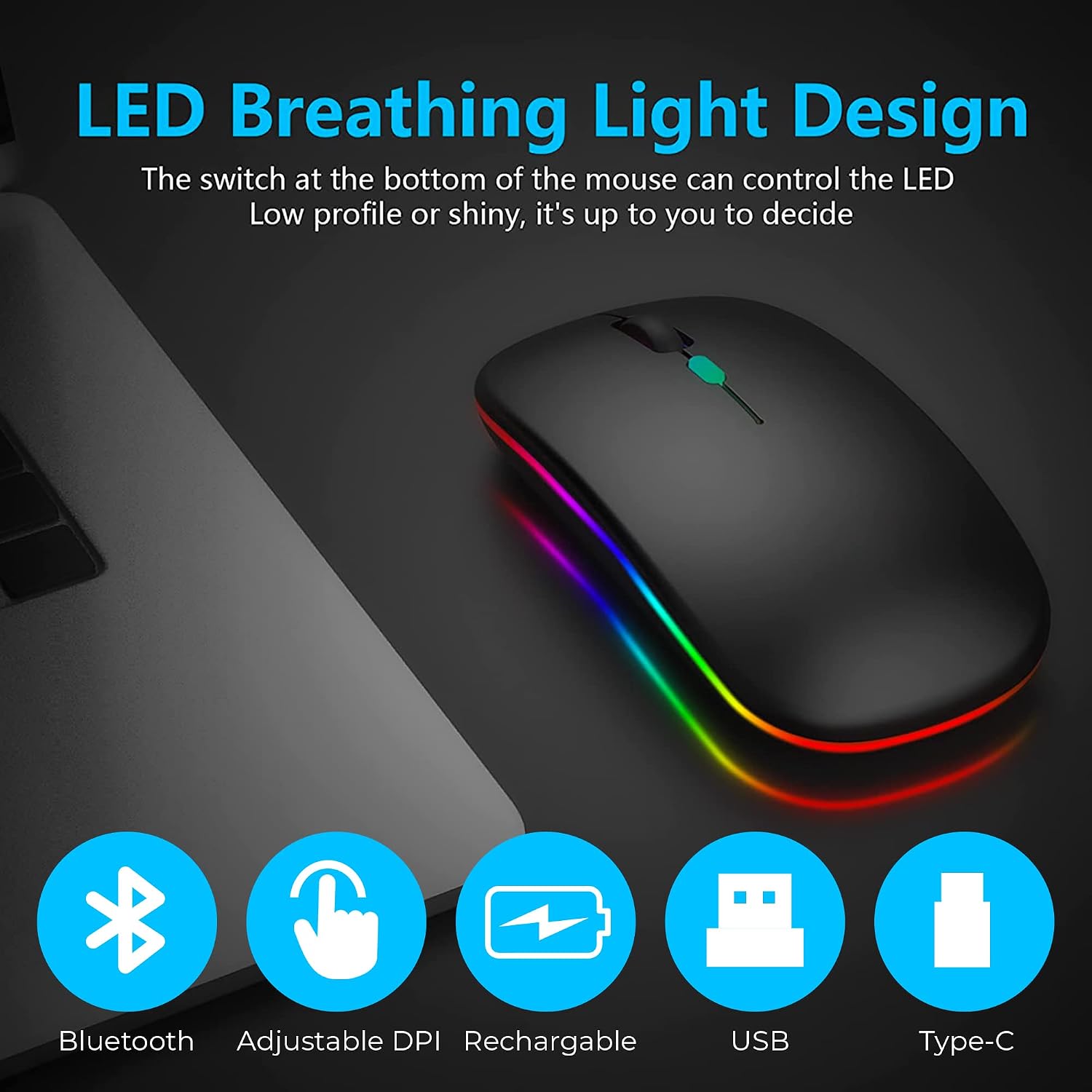 Detalle 2 de TEUREMI Wireless Mouse Rechargeable Dual Mode 2.4G & Bluetooth 5.0
